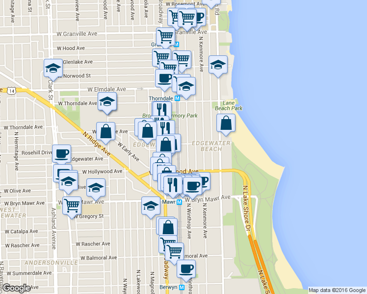 map of restaurants, bars, coffee shops, grocery stores, and more near 5730 North Winthrop Avenue in Chicago