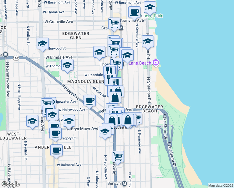 map of restaurants, bars, coffee shops, grocery stores, and more near 5733 North Broadway in Chicago
