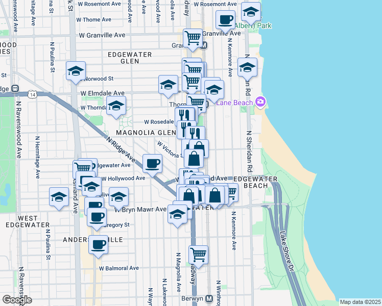 map of restaurants, bars, coffee shops, grocery stores, and more near 5733 North Broadway in Chicago