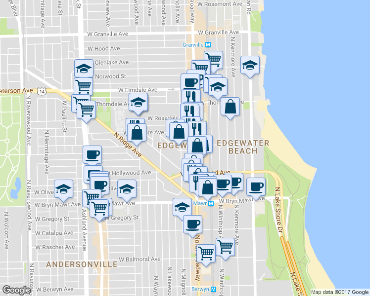 map of restaurants, bars, coffee shops, grocery stores, and more near 5724 North Magnolia Avenue in Chicago