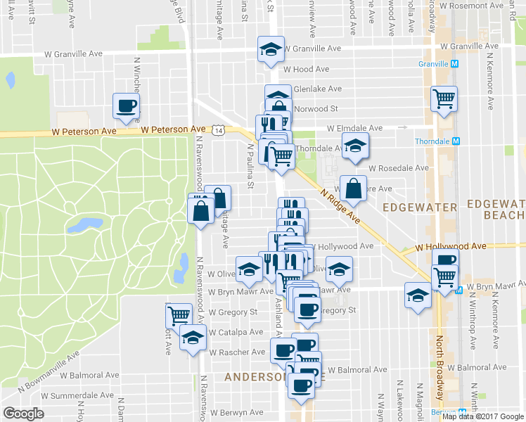 map of restaurants, bars, coffee shops, grocery stores, and more near 1621 West Edgewater Avenue in Chicago