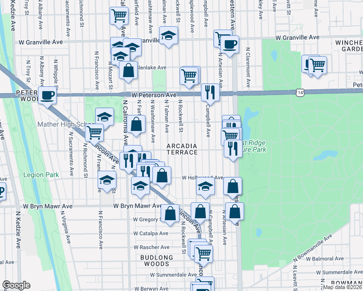 map of restaurants, bars, coffee shops, grocery stores, and more near in Chicago