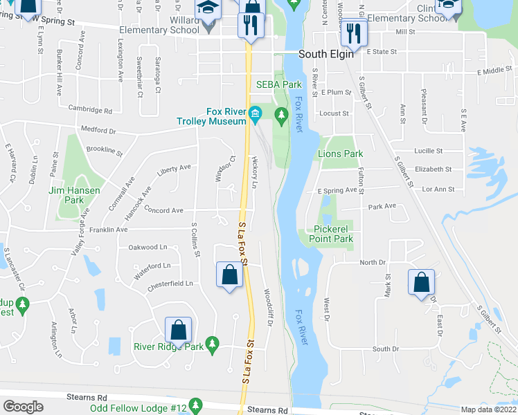 map of restaurants, bars, coffee shops, grocery stores, and more near 361 Hickory Lane in South Elgin