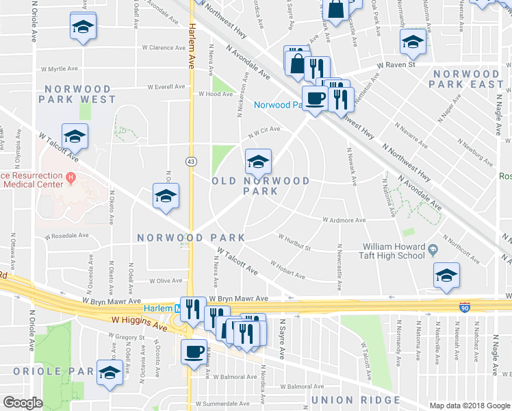 map of restaurants, bars, coffee shops, grocery stores, and more near 5837 North Nicolet Avenue in Chicago