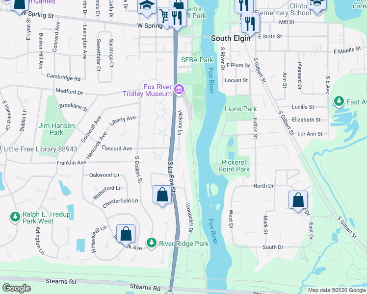 map of restaurants, bars, coffee shops, grocery stores, and more near 361 Hickory Lane in South Elgin