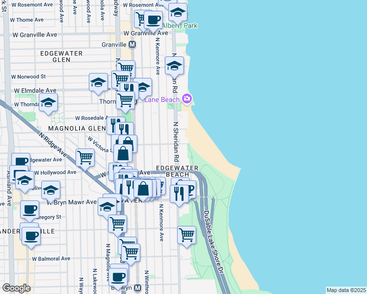 map of restaurants, bars, coffee shops, grocery stores, and more near 5757 North Sheridan Road in Chicago