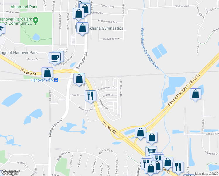 map of restaurants, bars, coffee shops, grocery stores, and more near 1448 Sutter Drive in Hanover Park
