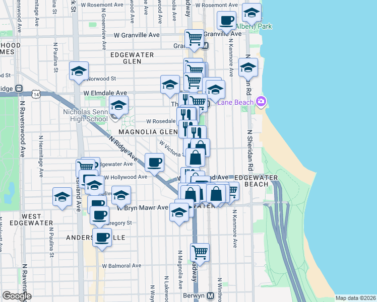 map of restaurants, bars, coffee shops, grocery stores, and more near 5733 North Broadway in Chicago