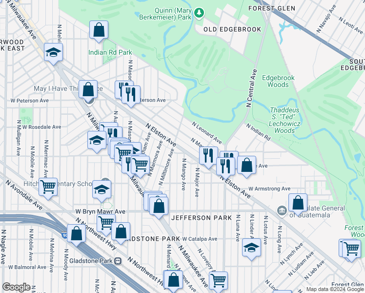 map of restaurants, bars, coffee shops, grocery stores, and more near 5809 North Elston Avenue in Chicago