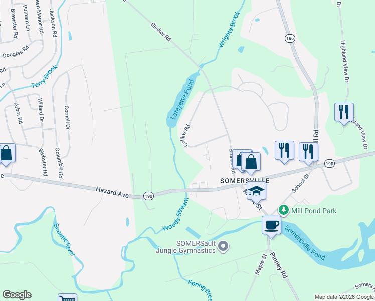 map of restaurants, bars, coffee shops, grocery stores, and more near 39 Collins Road in Somers