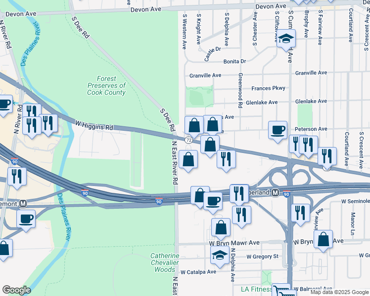 map of restaurants, bars, coffee shops, grocery stores, and more near 8765 West Higgins Road in Chicago