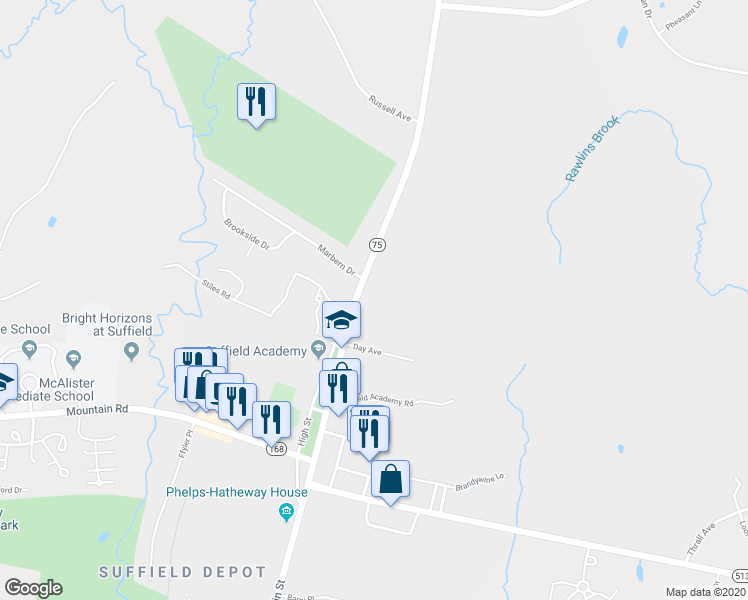 map of restaurants, bars, coffee shops, grocery stores, and more near 252 North Main Street in Suffield