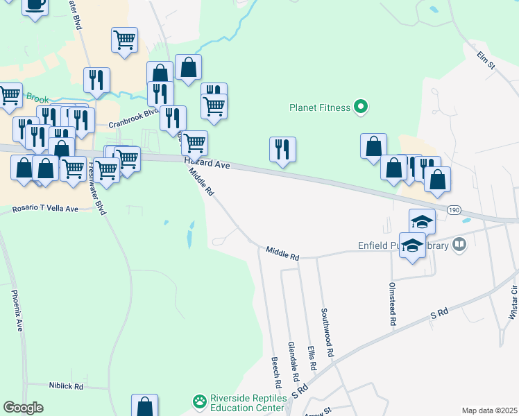map of restaurants, bars, coffee shops, grocery stores, and more near 39 Middle Road in Enfield