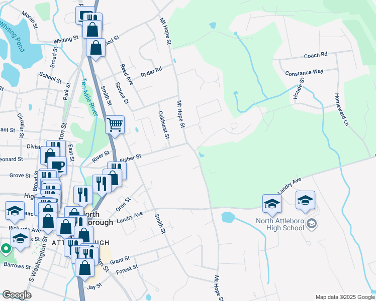 map of restaurants, bars, coffee shops, grocery stores, and more near 101 Columbia Street in North Attleborough