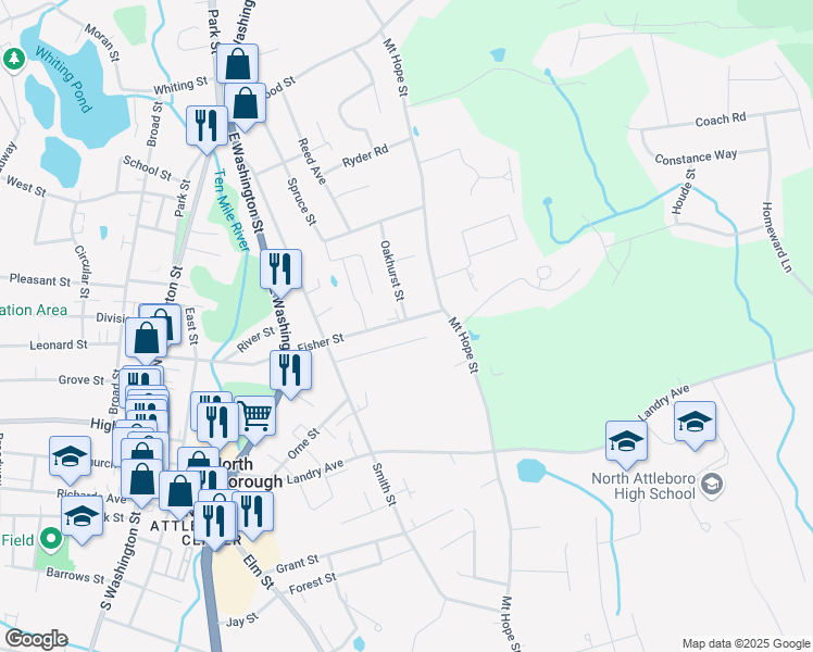 map of restaurants, bars, coffee shops, grocery stores, and more near 57 Columbia Street in North Attleborough