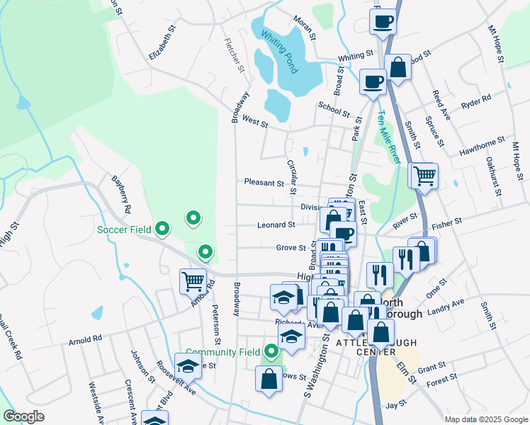 map of restaurants, bars, coffee shops, grocery stores, and more near 84 Leonard Street in North Attleborough
