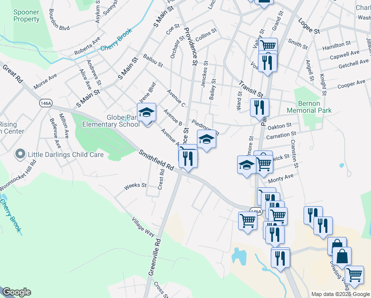 map of restaurants, bars, coffee shops, grocery stores, and more near 33 Fabien Street in Woonsocket