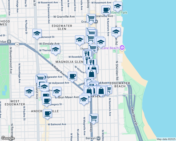 map of restaurants, bars, coffee shops, grocery stores, and more near 5733 North Broadway in Chicago