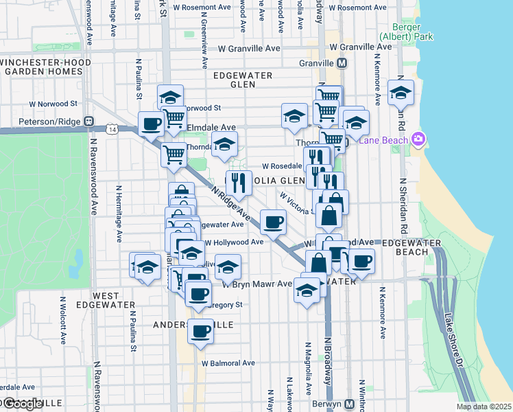 map of restaurants, bars, coffee shops, grocery stores, and more near 5745 North Ridge Avenue in Chicago