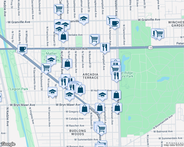 map of restaurants, bars, coffee shops, grocery stores, and more near in Chicago