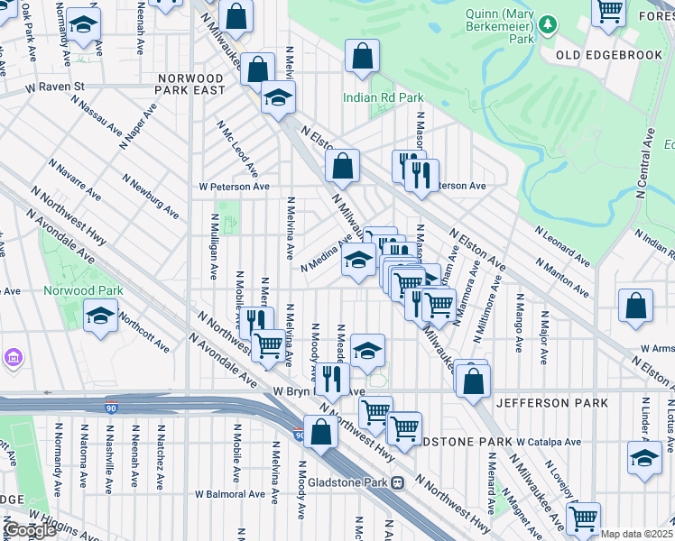 map of restaurants, bars, coffee shops, grocery stores, and more near 6053 West Ardmore Avenue in Chicago