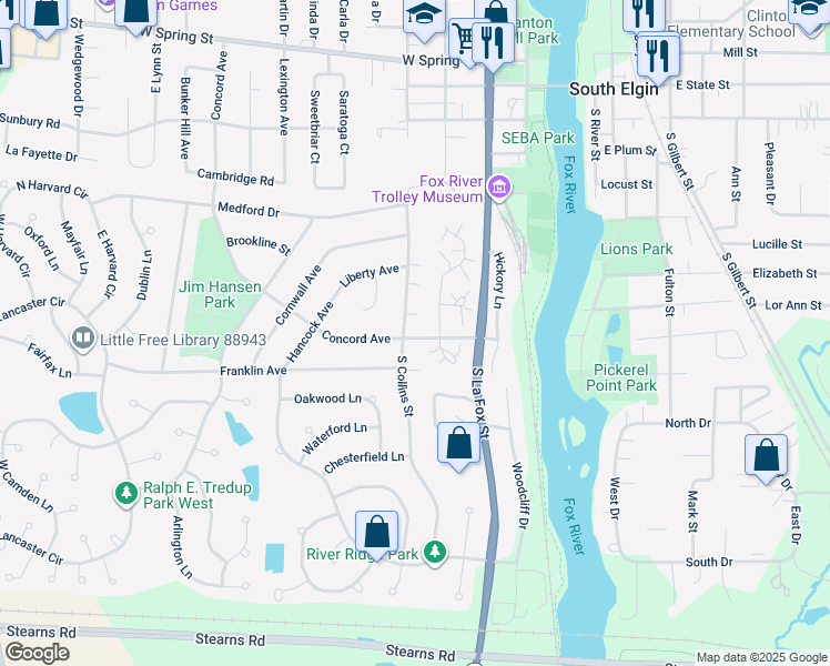 map of restaurants, bars, coffee shops, grocery stores, and more near 386 South Collins Street in South Elgin