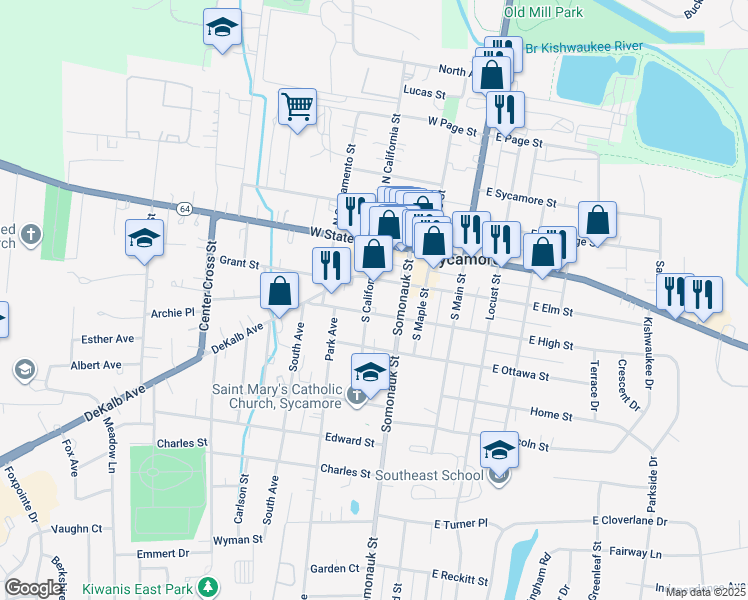 map of restaurants, bars, coffee shops, grocery stores, and more near 303 South California Street in Sycamore