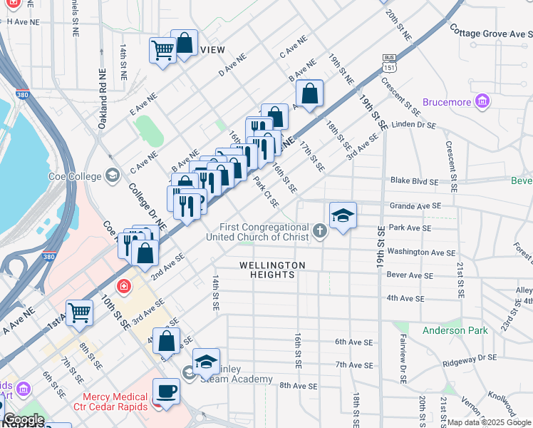 map of restaurants, bars, coffee shops, grocery stores, and more near 1507 3rd Avenue Southeast in Cedar Rapids