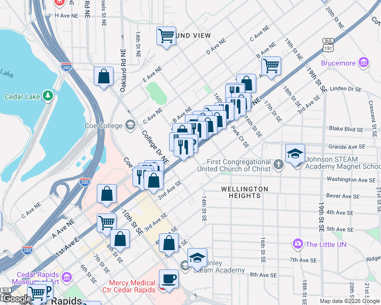map of restaurants, bars, coffee shops, grocery stores, and more near 1323 1st Avenue Southeast in Cedar Rapids