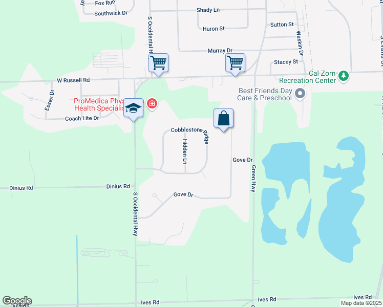 map of restaurants, bars, coffee shops, grocery stores, and more near 6602 Hidden Lane in Tecumseh