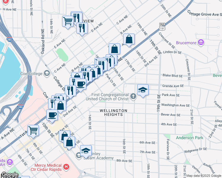 map of restaurants, bars, coffee shops, grocery stores, and more near 1534 3rd Avenue Southeast in Cedar Rapids