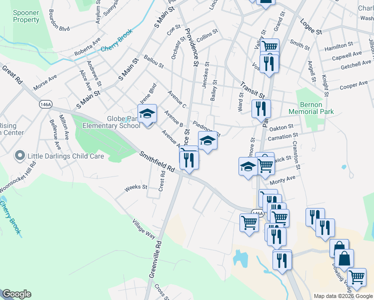 map of restaurants, bars, coffee shops, grocery stores, and more near 33 Fabien Street in Woonsocket