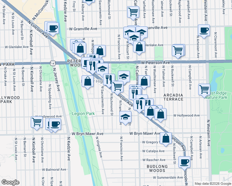map of restaurants, bars, coffee shops, grocery stores, and more near 5830 North Lincoln Avenue in Chicago