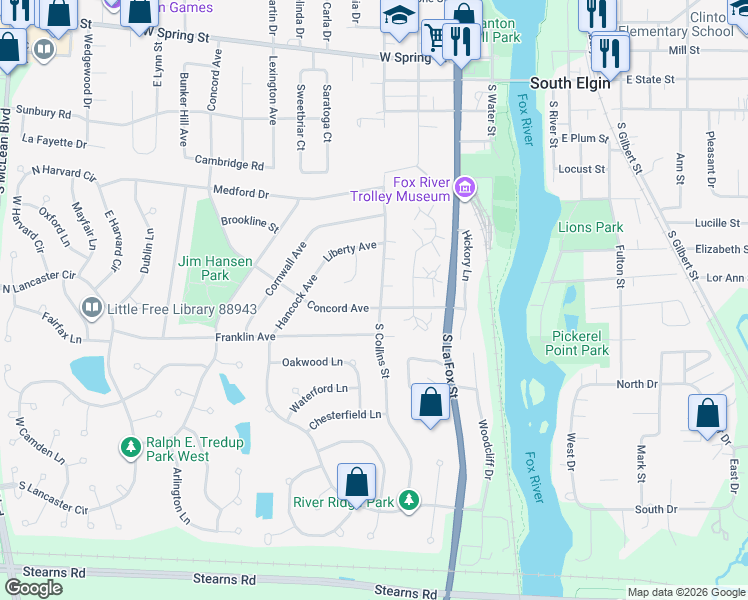 map of restaurants, bars, coffee shops, grocery stores, and more near 450 Concord Avenue in South Elgin