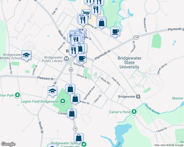 map of restaurants, bars, coffee shops, grocery stores, and more near in Bridgewater