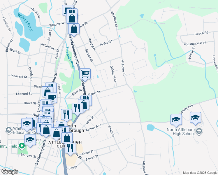 map of restaurants, bars, coffee shops, grocery stores, and more near 16 Ba Drive in North Attleborough