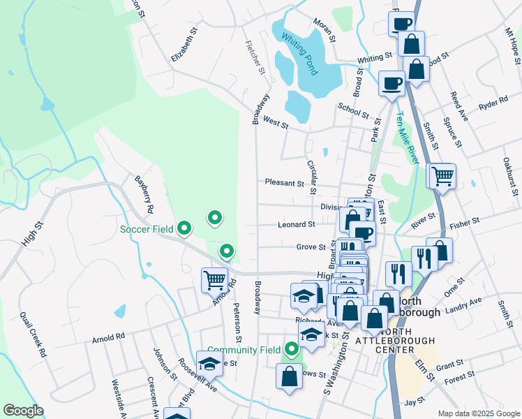 map of restaurants, bars, coffee shops, grocery stores, and more near 440 Broadway in North Attleborough