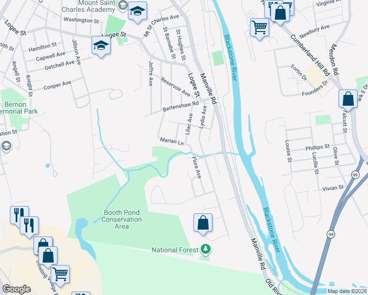 map of restaurants, bars, coffee shops, grocery stores, and more near 144 Lilac Avenue in Woonsocket