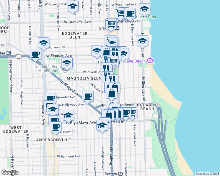 map of restaurants, bars, coffee shops, grocery stores, and more near 5839 North Broadway in Chicago