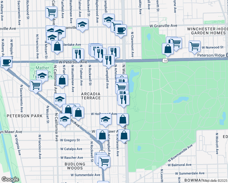 map of restaurants, bars, coffee shops, grocery stores, and more near 5841 North Campbell Avenue in Chicago