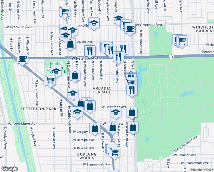 map of restaurants, bars, coffee shops, grocery stores, and more near 5841 North Maplewood Avenue in Chicago