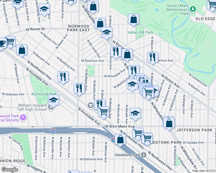 map of restaurants, bars, coffee shops, grocery stores, and more near 5852 North Melvina Avenue in Chicago