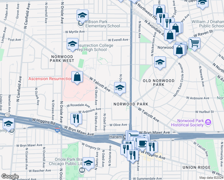 map of restaurants, bars, coffee shops, grocery stores, and more near 5920 North Odell Avenue in Chicago