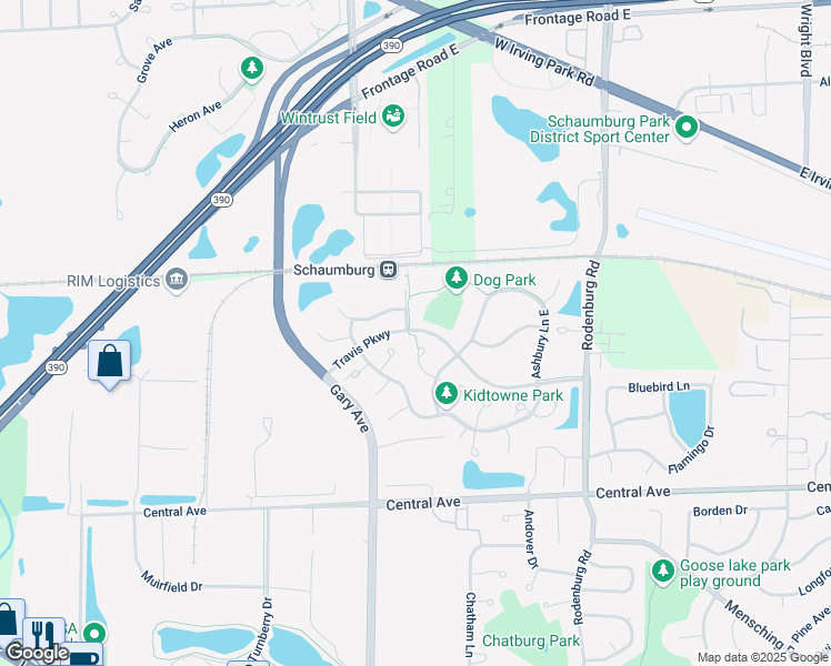 map of restaurants, bars, coffee shops, grocery stores, and more near 1500 Thornfield Lane in Roselle