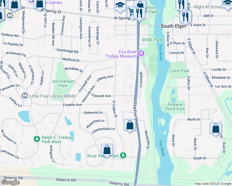 map of restaurants, bars, coffee shops, grocery stores, and more near 326 South Collins Street in South Elgin