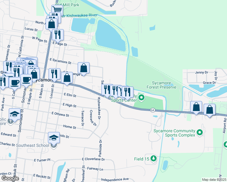 map of restaurants, bars, coffee shops, grocery stores, and more near 123 Kingsway Drive in Sycamore