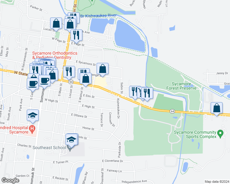 map of restaurants, bars, coffee shops, grocery stores, and more near 452 East Exchange Street in Sycamore