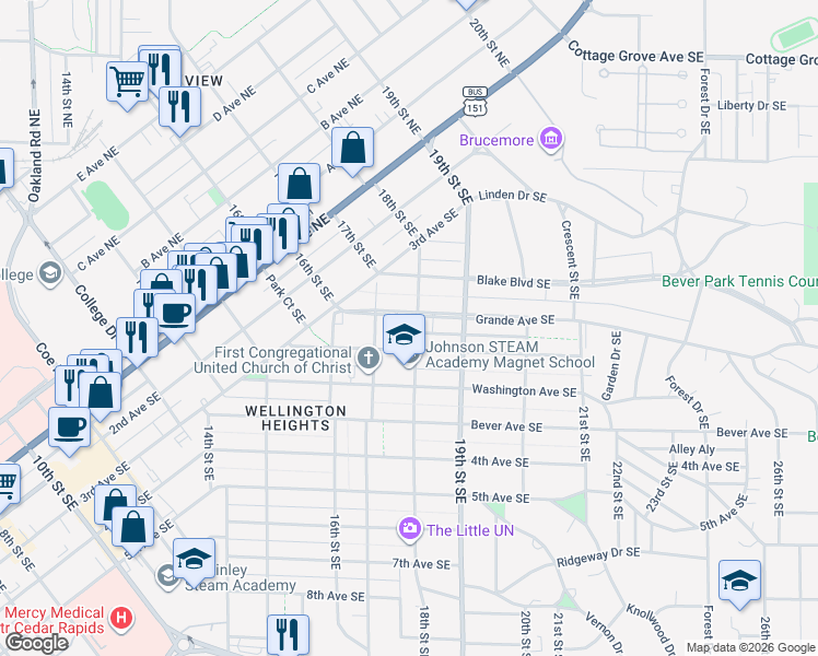 map of restaurants, bars, coffee shops, grocery stores, and more near 1708 Grande Avenue Southeast in Cedar Rapids