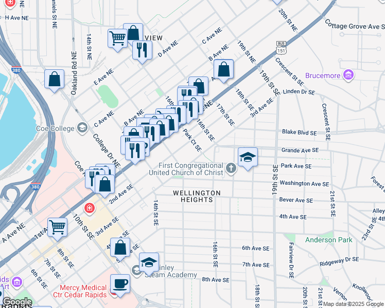 map of restaurants, bars, coffee shops, grocery stores, and more near 1545 2nd Avenue Southeast in Cedar Rapids