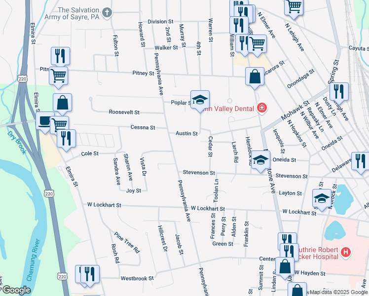 map of restaurants, bars, coffee shops, grocery stores, and more near 101-121 Austin Street in Sayre